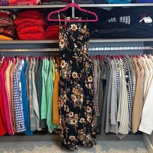 Scobe black/tan/pink floral sleeveless v neck elastic waist maxi dress size S